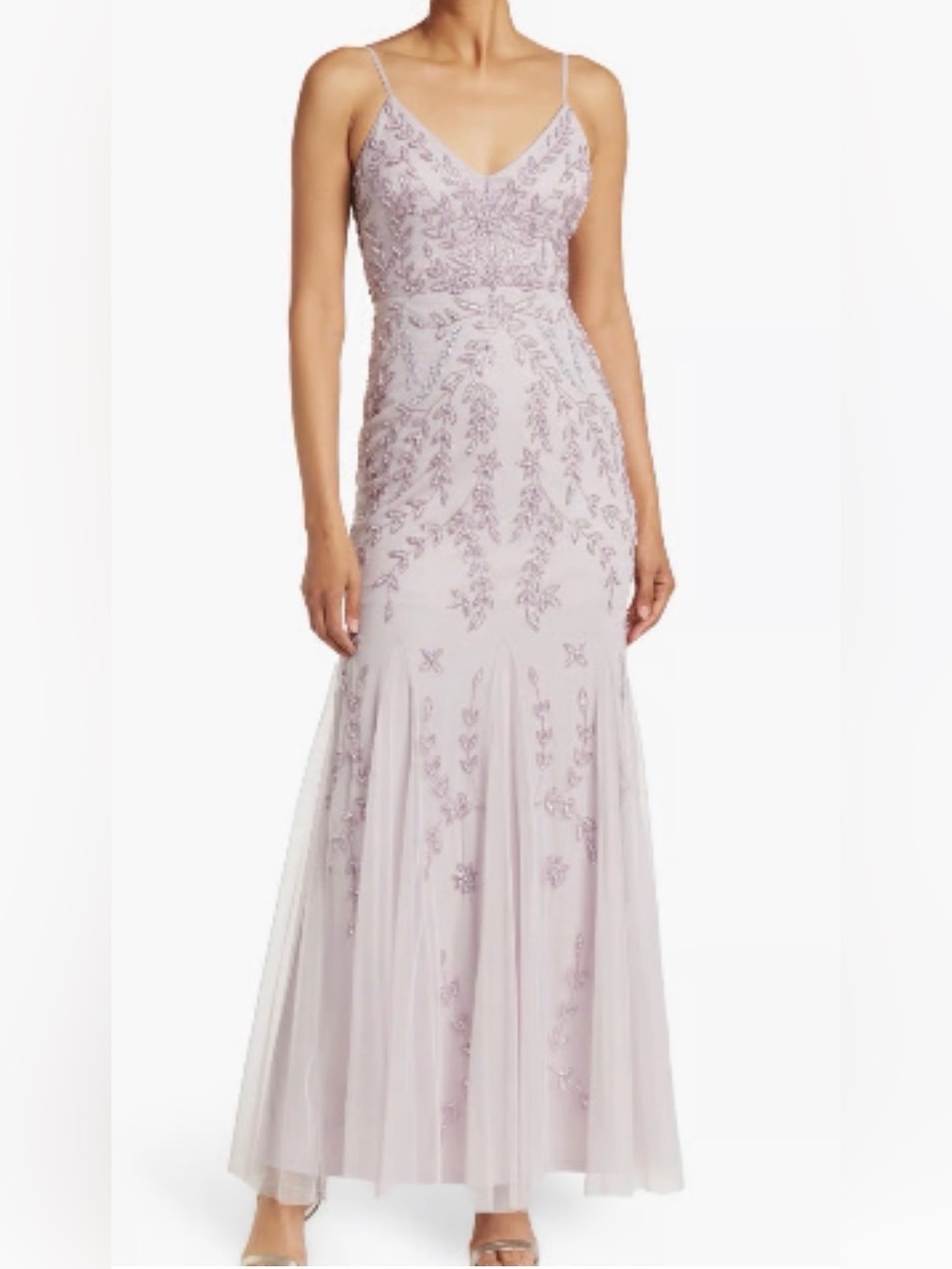Marina Embroidered V-Neck Evening Gown in Light Lilac